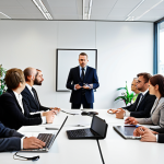 **

A business meeting in Germany. Focus on direct eye contact between participants. The setting is a modern office. Participants are wearing professional attire. The overall atmosphere is serious and focused, emphasizing German punctuality and direct communication.

**