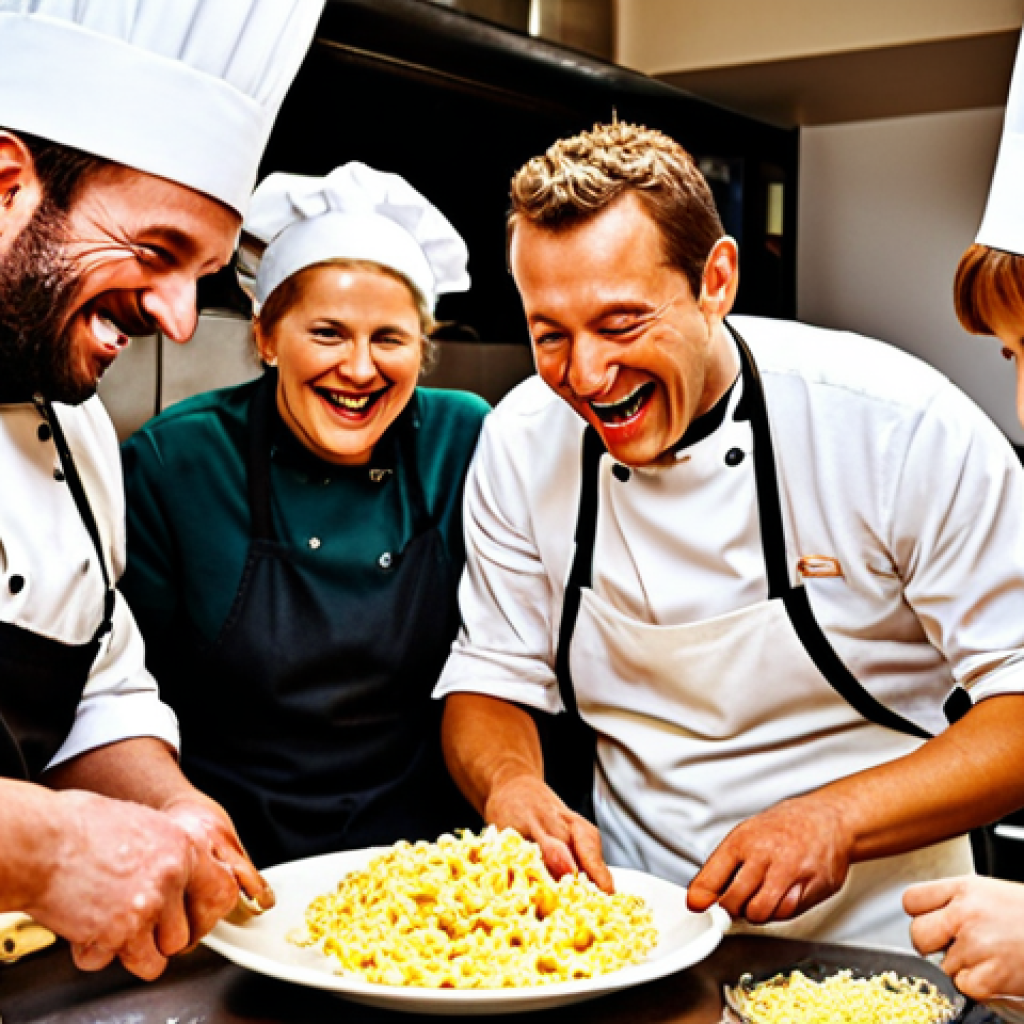 **

A lively German cooking class. Focus on diverse participants laughing and interacting while preparing a regional German dish (e.g., Sp&auml;tzle or Sauerbraten) under the guidance of a friendly German chef. Ingredients are fresh and colorful. The atmosphere is warm and inviting.

**