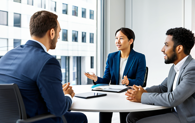 A diverse group of professional individuals from different cultural backgrounds engaged in a business discussion in a contemporary, brightly lit office setting. One person subtly maintains a slightly larger personal space while another gestures with an open palm. Their expressions are attentive and professional, reflecting nuanced communication styles. The scene captures the essence of intercultural interaction. All subjects are fully clothed in appropriate business attire. The image should feature perfect anatomy, correct proportions, and natural poses, rendered with professional photography quality, high detail, and a clear focus. safe for work, appropriate content, fully clothed, professional.