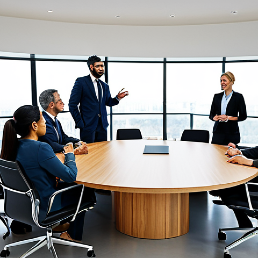 A diverse group of professionals in modest business attire, gathered around a large, modern conference table in a bright, open-plan office. They are engaged in a cross-cultural discussion, with one individual attentively listening and another gently gesturing, symbolizing empathetic communication and mutual understanding in international business. The atmosphere is collaborative and respectful.