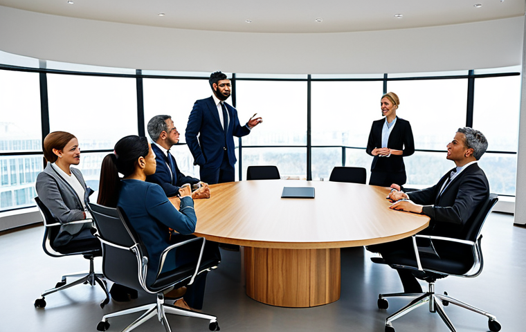 A diverse group of professionals in modest business attire, gathered around a large, modern conference table in a bright, open-plan office. They are engaged in a cross-cultural discussion, with one individual attentively listening and another gently gesturing, symbolizing empathetic communication and mutual understanding in international business. The atmosphere is collaborative and respectful.