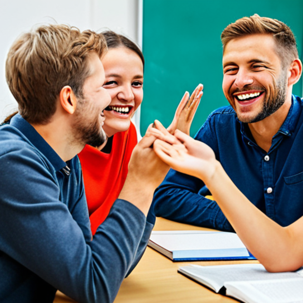 Active Integration**
"A group of diverse people laughing and talking at a German "Volkshochschule" language course, fully clothed, appropriate attire, classroom setting, safe for work, professional, perfect anatomy, correct proportions, well-formed hands, proper finger count, natural pose, family-friendly."
**
