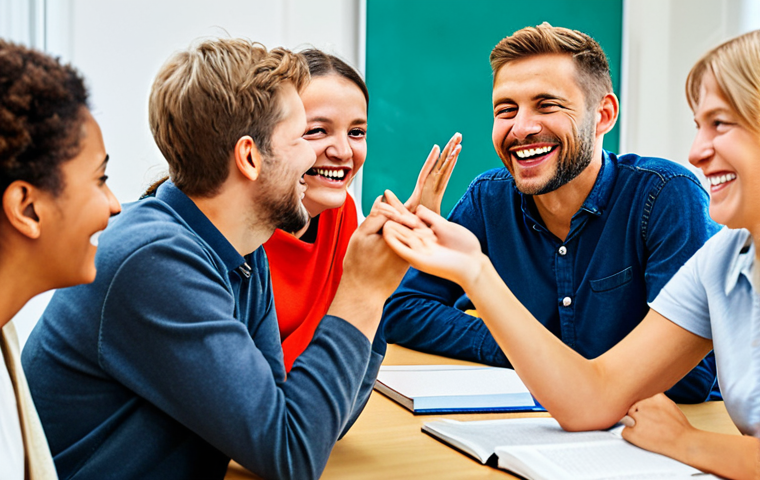Active Integration**
"A group of diverse people laughing and talking at a German "Volkshochschule" language course, fully clothed, appropriate attire, classroom setting, safe for work, professional, perfect anatomy, correct proportions, well-formed hands, proper finger count, natural pose, family-friendly."
**