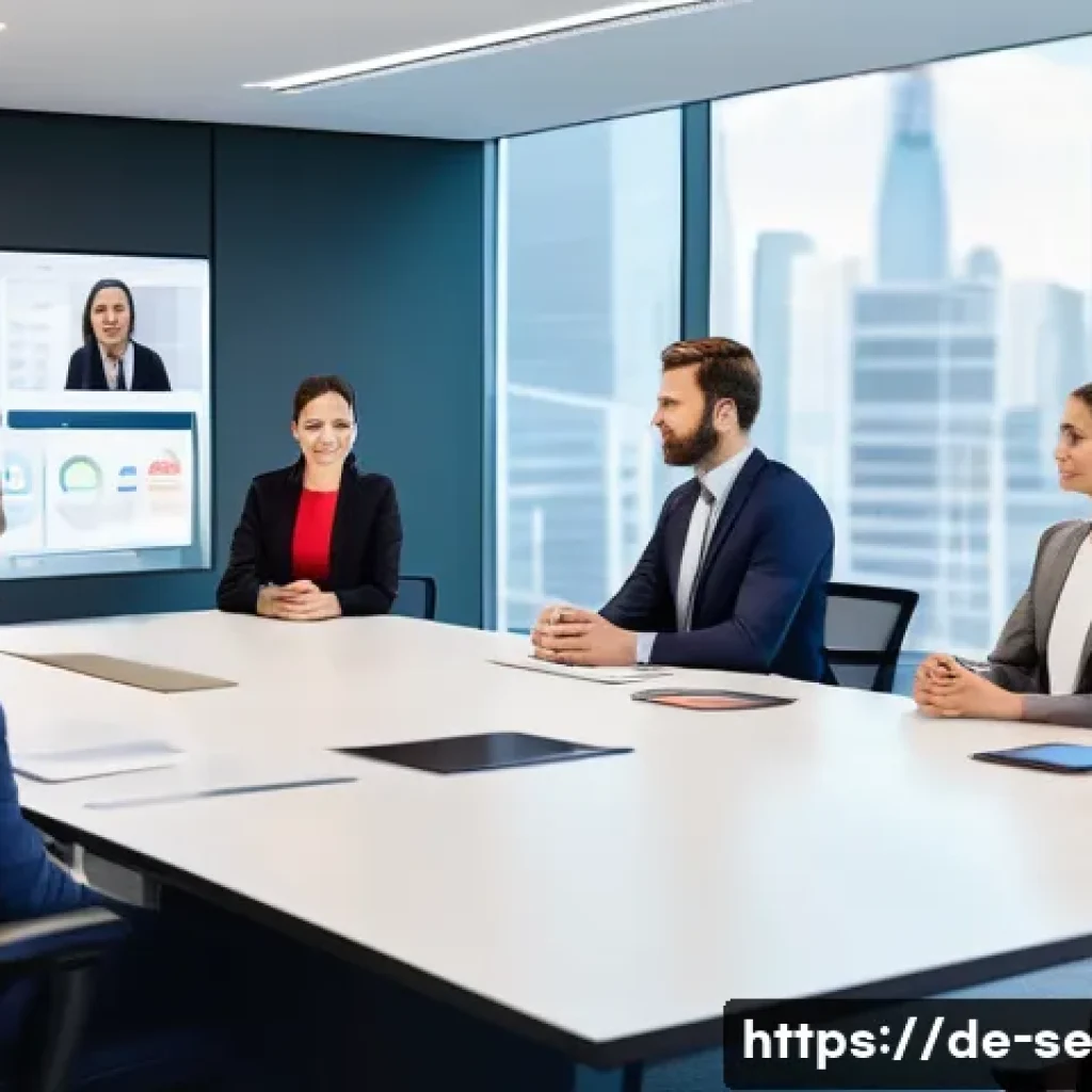 크로스 컬처럴 적응을 위한 플랫폼 활용 - A diverse international team engaged in a virtual meeting around a large digital conference table, d...