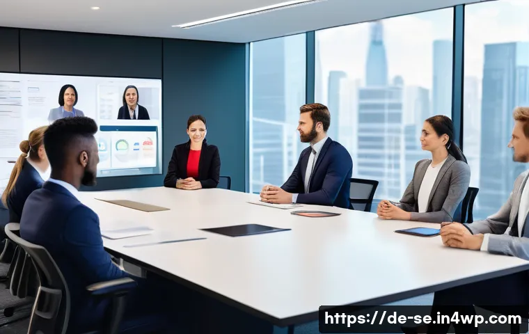 크로스 컬처럴 적응을 위한 플랫폼 활용 - A diverse international team engaged in a virtual meeting around a large digital conference table, d...